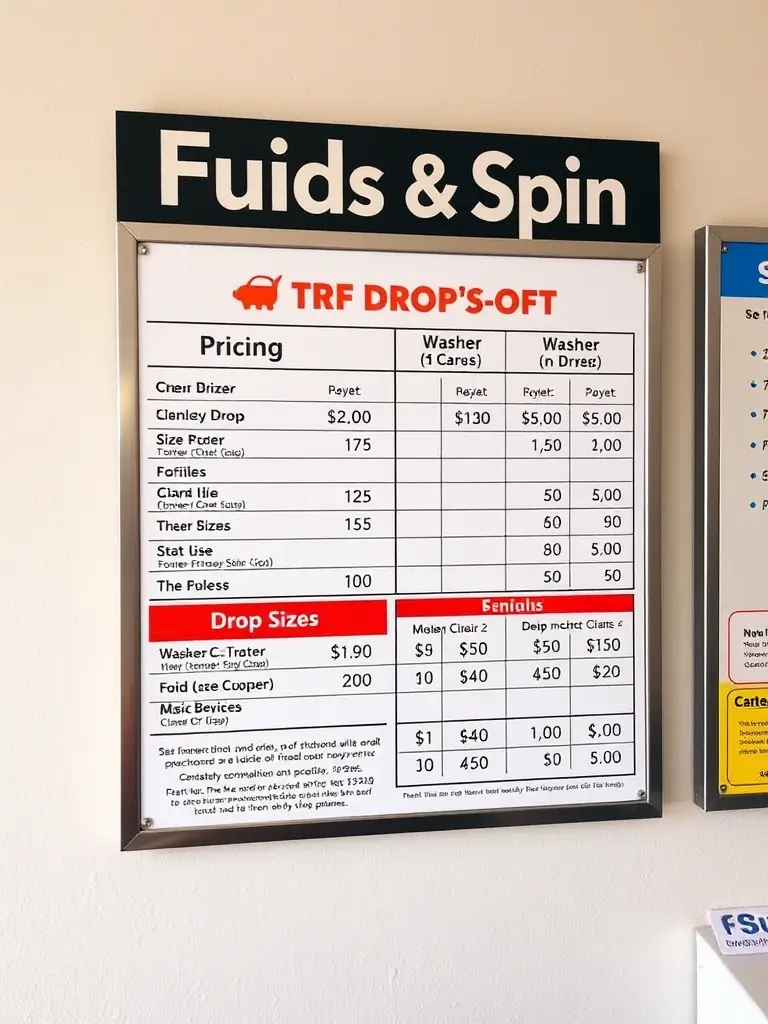 A close-up shot of a pricing chart clearly displaying the costs for different washer and dryer sizes, as well as drop-off services.