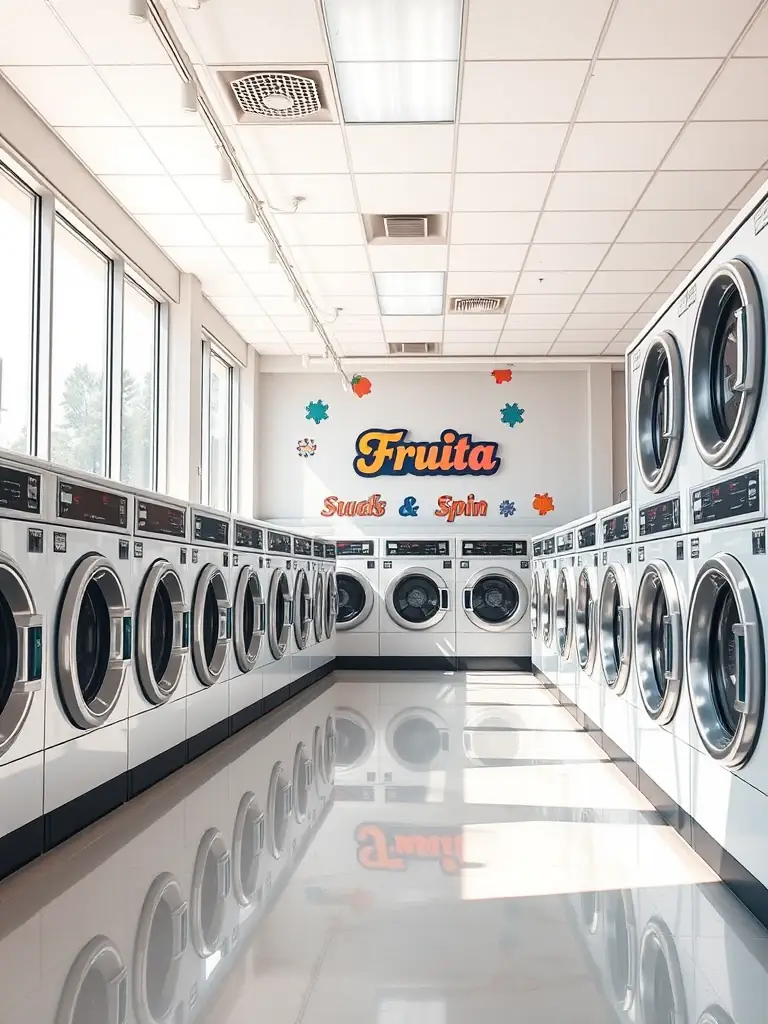 A brightly lit, modern laundromat interior with rows of high-efficiency washing machines and dryers. Focus on cleanliness and organization.