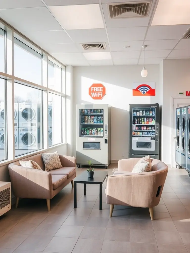 A comfortable waiting area with amenities like free Wi-Fi, comfortable seating, and vending machines.