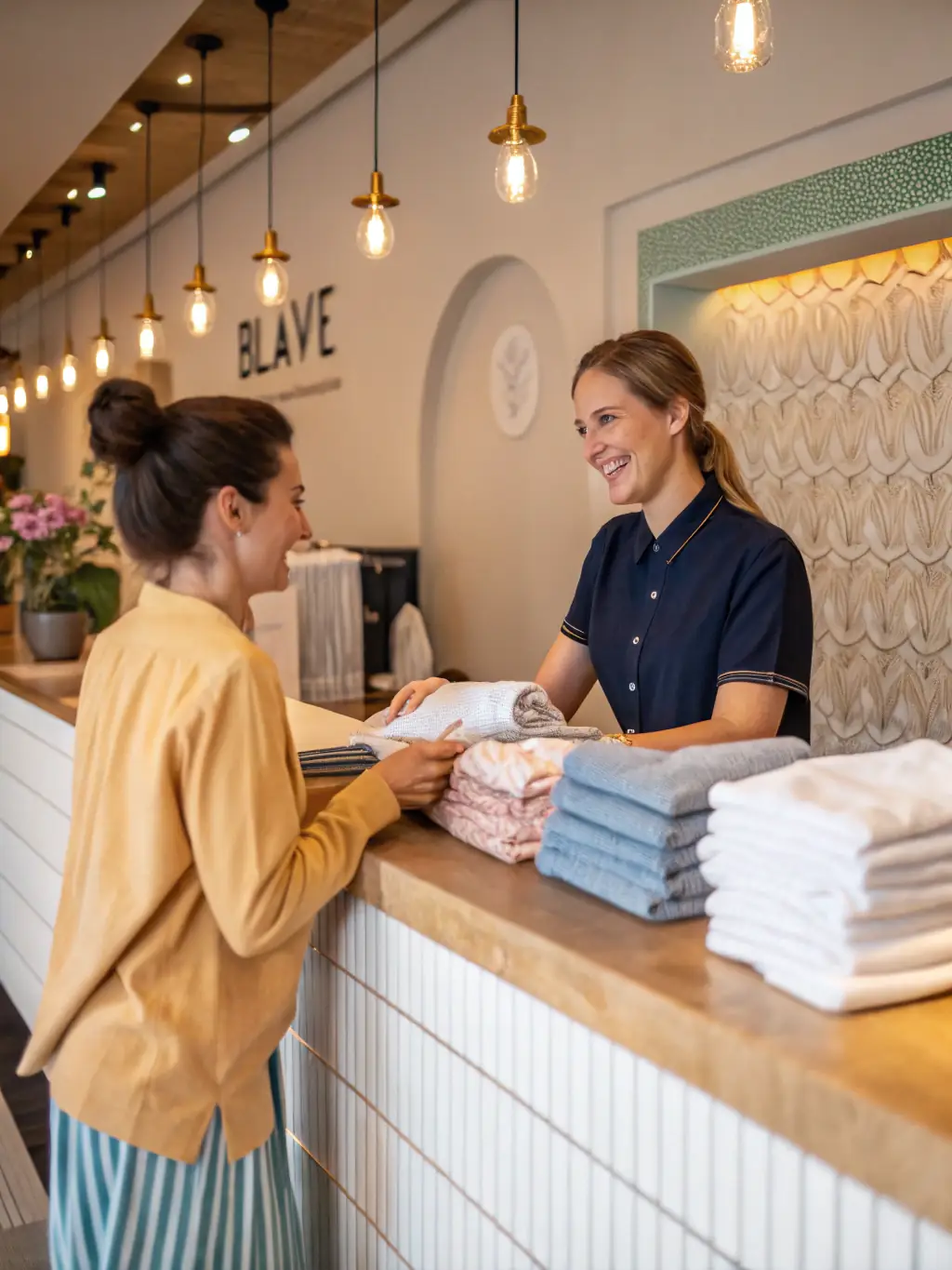 A friendly staff member assisting a customer with the drop-off laundry service, showcasing the convenience and personalized attention.